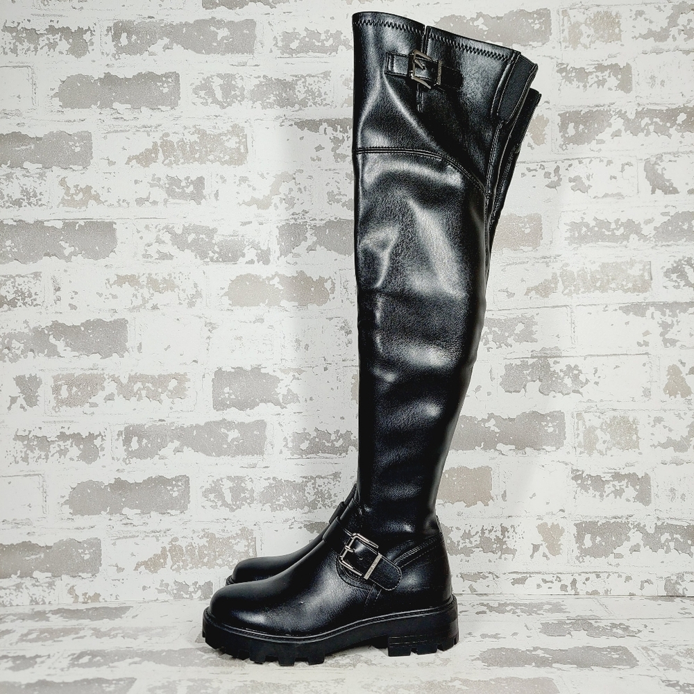 New Nine West Nans Black Faux Leather Over the Knee Boots with Chunky Sole  X214